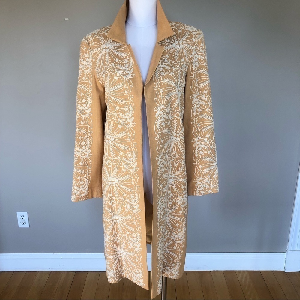 VINTAGE Gina peach Linen ivory embroidery long blazer Spring/Summer jacket S/M